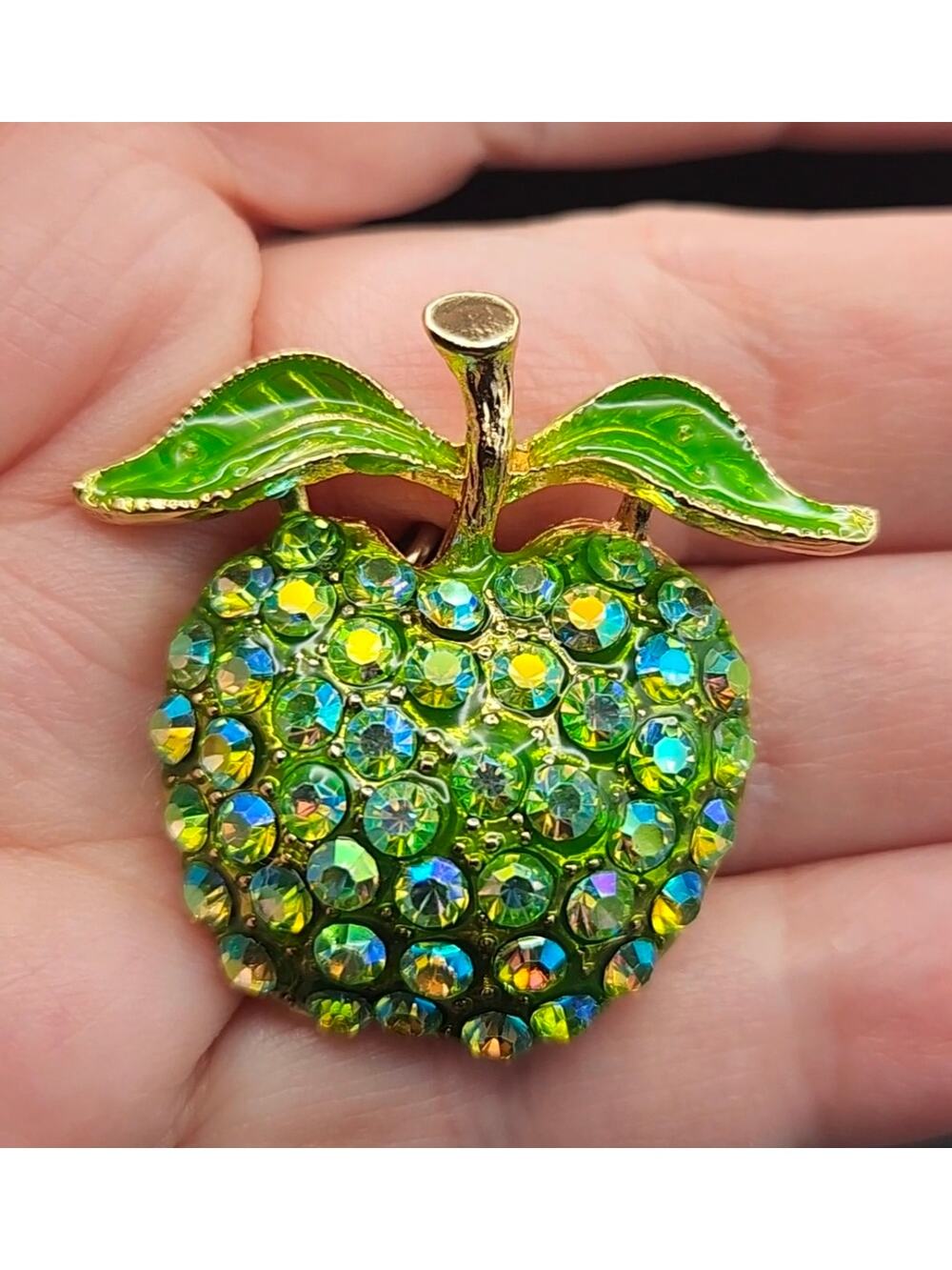 Green Apple Rhinestone Brooch Sparkle Fruit Pin